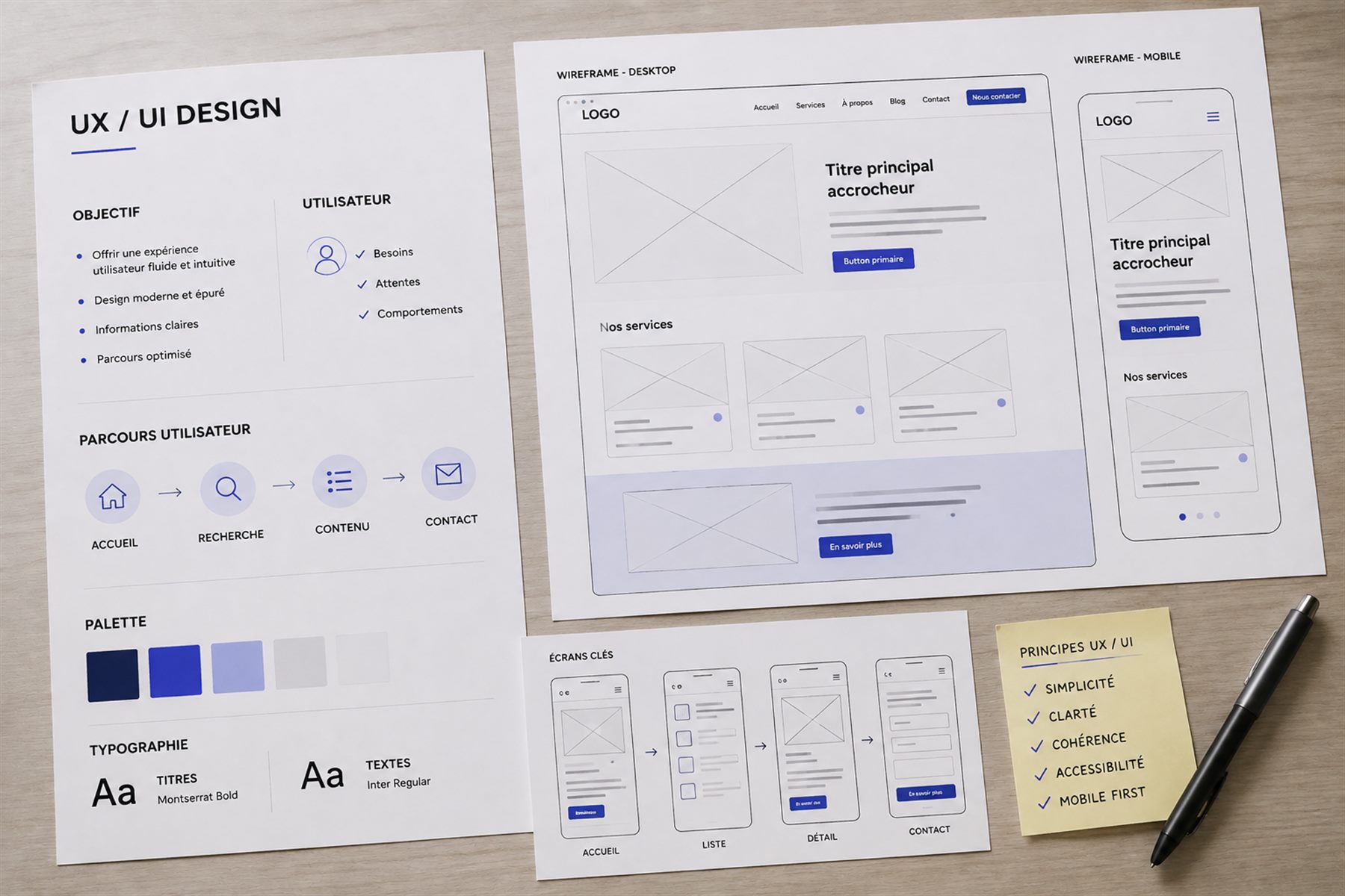 UX/UI — wireframes, parcours, kit UI